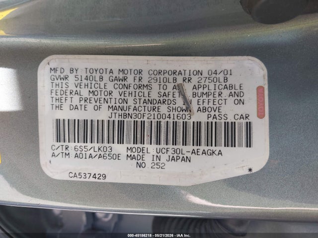 Aukcja sprzedaży 2001 Lexus Ls 430, vin: JTHBN30F210041603, numer aukcji: 45186218