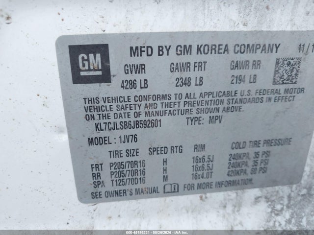 Aukcja sprzedaży 2018 Chevrolet Trax Lt, vin: KL7CJLSB6JB592601, numer aukcji: 45186221