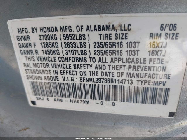 Продаж на аукціоні авто 2006 Honda Odyssey Ex-l, vin: 5FNRL38786B114713, номер лоту: 45186226