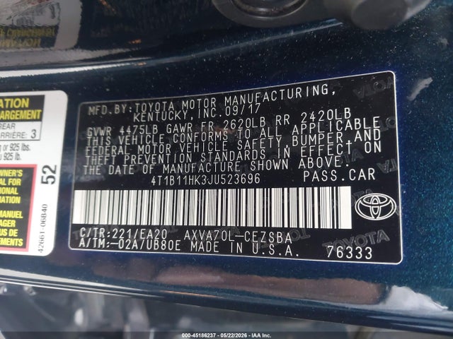 Продажа на аукционе авто 2018 Toyota Camry Se, vin: 4T1B11HK3JU523696, номер лота: 45186237