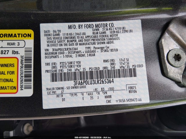 Aukcja sprzedaży 2020 Ford Fusion Hybrid Se, vin: 3FA6P0LU3LR265364, numer aukcji: 45186248