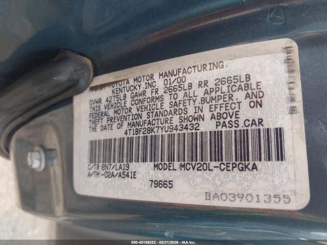 Aukcja sprzedaży 2000 Toyota Camry Xle V6, vin: 4T1BF28K7YU943432, numer aukcji: 45186252