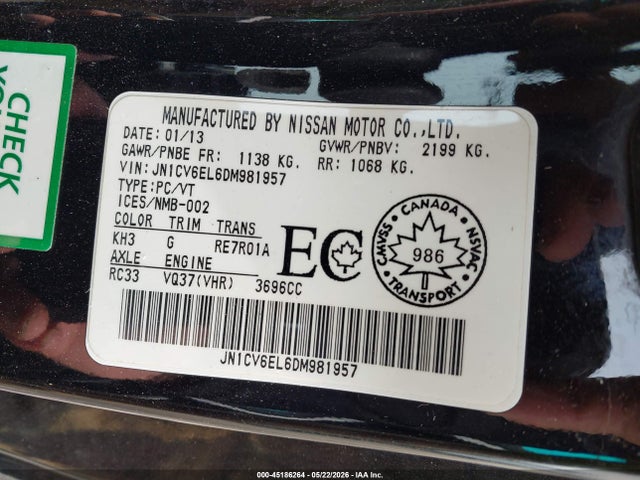 Продажа на аукционе авто 2013 Infiniti G37x, vin: JN1CV6EL6DM981957, номер лота: 45186264