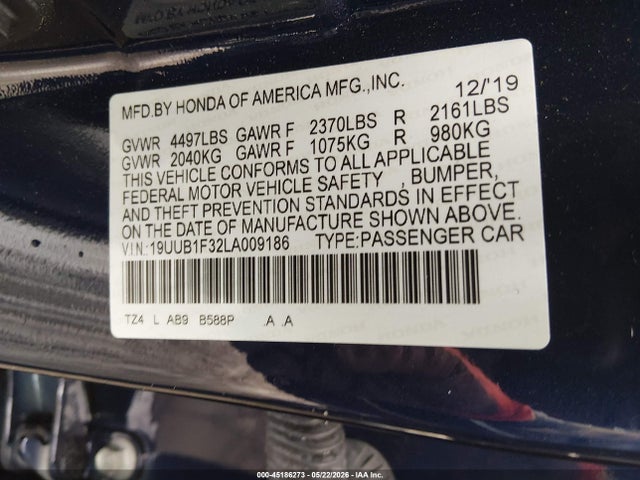45186273 :رقم المزاد ، 19UUB1F32LA009186 vin ، 2020 Acura Tlx Standard مزاد بيع