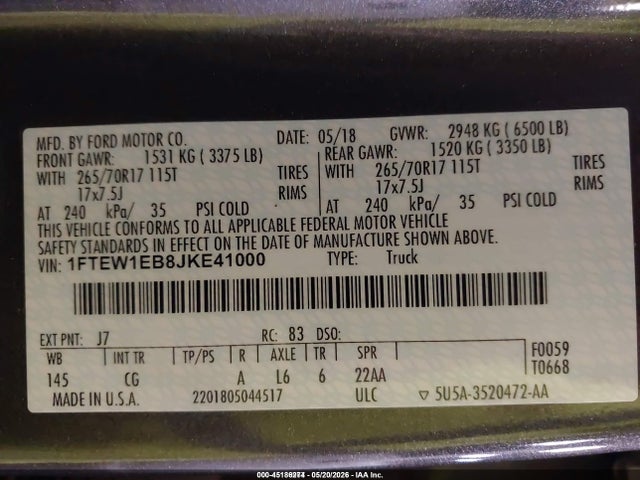 Aukcja sprzedaży 2018 Ford F-150 Xl, vin: 1FTEW1EB8JKE41000, numer aukcji: 45186274