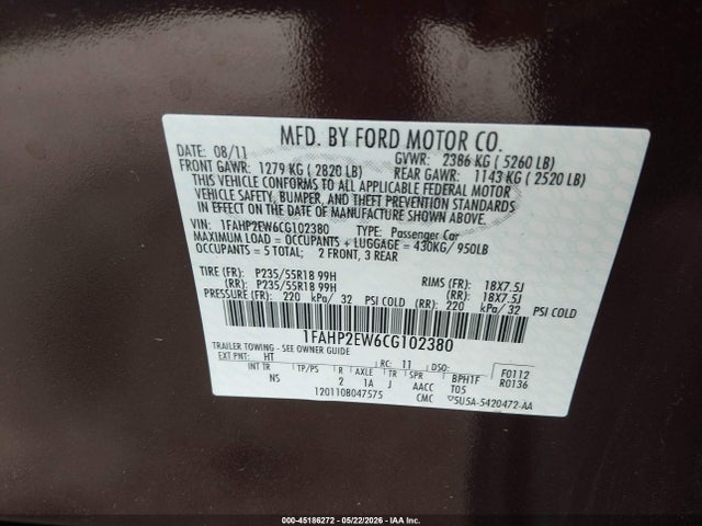 Aukcja sprzedaży 2012 Ford Taurus Sel, vin: 1FAHP2EW6CG102380, numer aukcji: 45186272