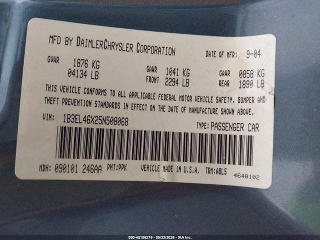45186275 :رقم المزاد ، 1B3EL46X25N508068 vin ، 2005 Dodge Stratus Sxt مزاد بيع