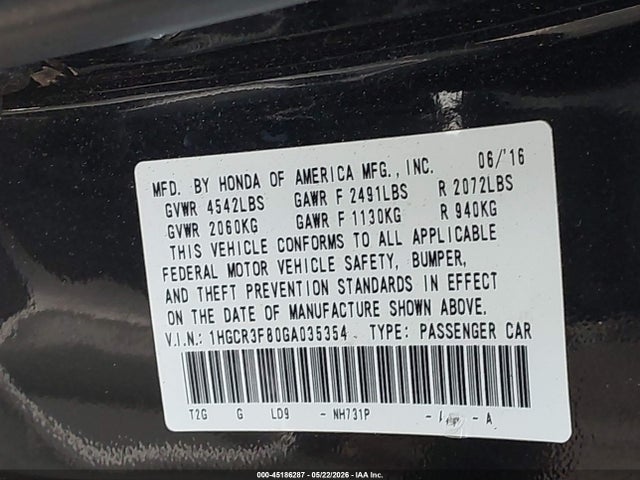Aukcja sprzedaży 2016 Honda Accord Ex-l V-6, vin: 1HGCR3F80GA035354, numer aukcji: 45186287