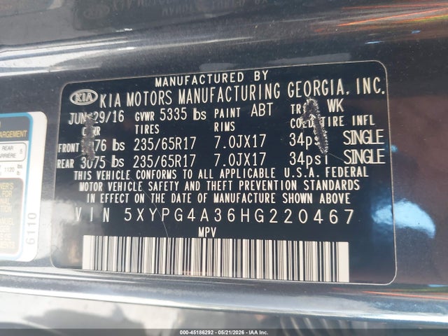2017 Kia Sorento 2.4l Lx მანქანა იყიდება აუქციონზე, vin: 5XYPG4A36HG220467, აუქციონის ნომერი: 45186292