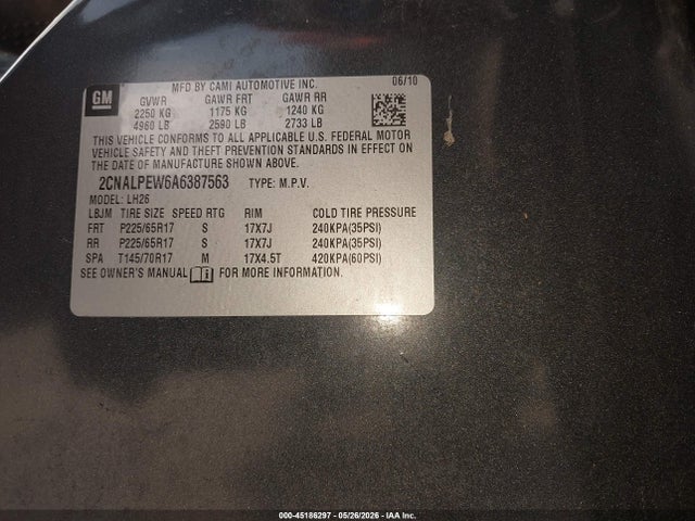 Продажа на аукционе авто 2010 Chevrolet Equinox Lt, vin: 2CNALPEW6A6387563, номер лота: 45186297