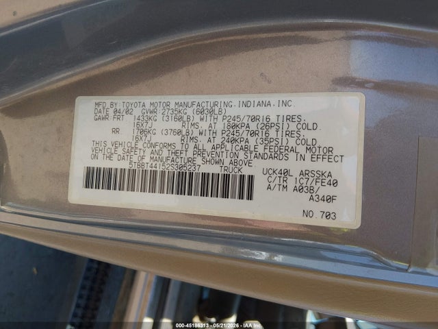 2002 Toyota Tundra Sr5 V8 მანქანა იყიდება აუქციონზე, vin: 5TBBT44152S305237, აუქციონის ნომერი: 45186313