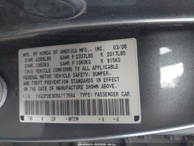 Продажа на аукционе авто 2008 Honda Accord 2.4 Lx, vin: 1HGCP263X8A113564, номер лота: 45186314