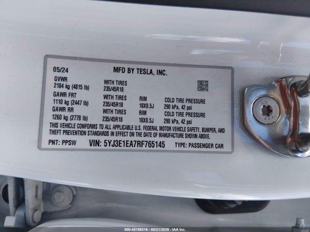 Aukcja sprzedaży 2024 Tesla Model 3 Long Range Dual Motor All-wheel Drive/rear-wheel Drive, vin: 5YJ3E1EA7RF765145, numer aukcji: 45186316