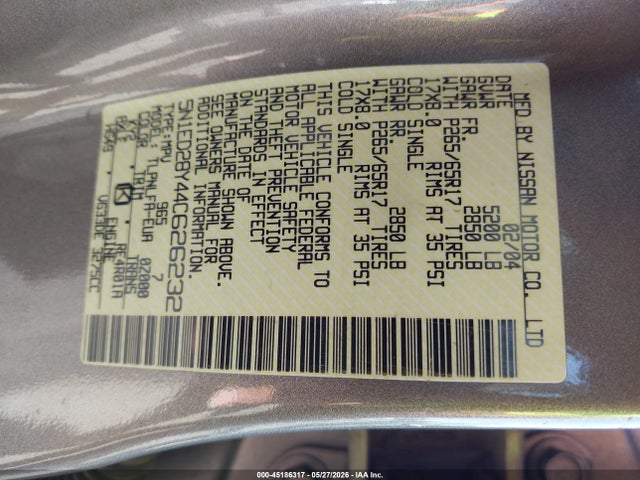 45186317 :رقم المزاد ، 5N1ED28Y44C626232 vin ، 2004 Nissan Xterra Se مزاد بيع