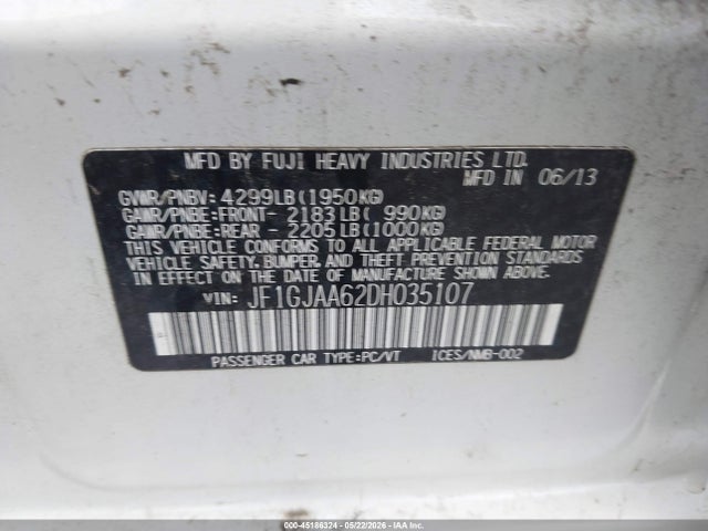 Aukcja sprzedaży 2013 Subaru Impreza 2.0i, vin: JF1GJAA62DH035107, numer aukcji: 45186324