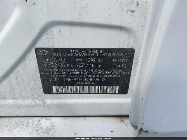 Aukcja sprzedaży 2013 Hyundai Sonata Gls, vin: 5NPEB4AC9DH668002, numer aukcji: 45186326