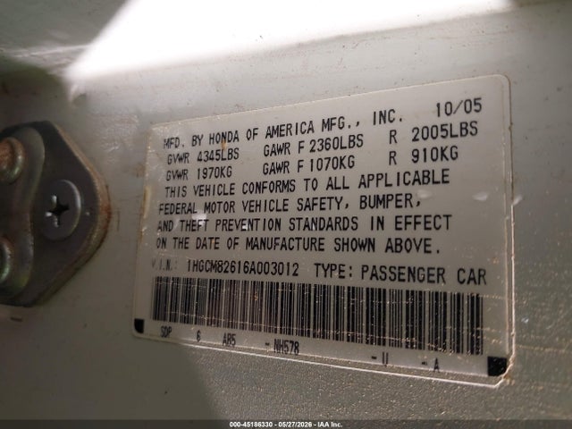 45186330 :رقم المزاد ، 1HGCM82616A003012 vin ، 2006 Honda Accord 3.0 Ex مزاد بيع