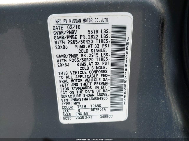 Продажа на аукционе авто 2010 Infiniti Fx35, vin: JN8AS1MW1AM854965, номер лота: 45186332
