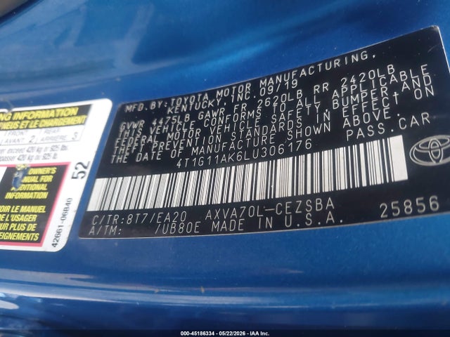Aukcja sprzedaży 2020 Toyota Camry Se, vin: 4T1G11AK6LU306176, numer aukcji: 45186334