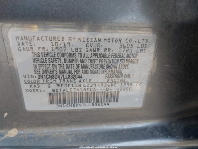 Aukcja sprzedaży 2020 Nissan Versa S Xtronic Cvt, vin: 3N1CN8DV7LL832044, numer aukcji: 45186335
