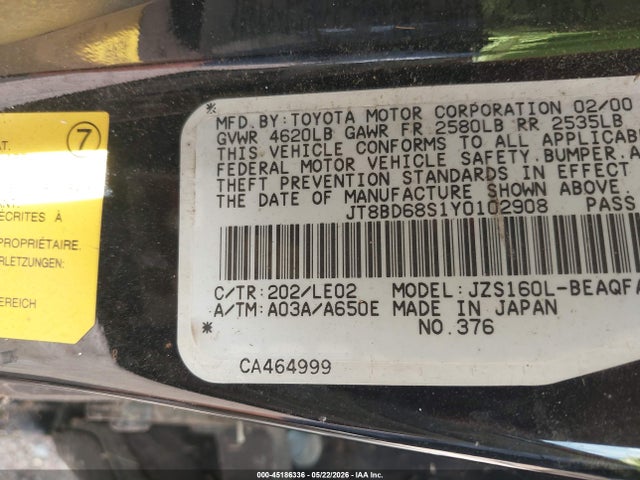 45186336 :رقم المزاد ، JT8BD68S1Y0102908 vin ، 2000 Lexus Gs 300 مزاد بيع