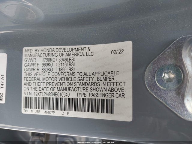 19XFL2H80NE010940 Honda Civic Sport