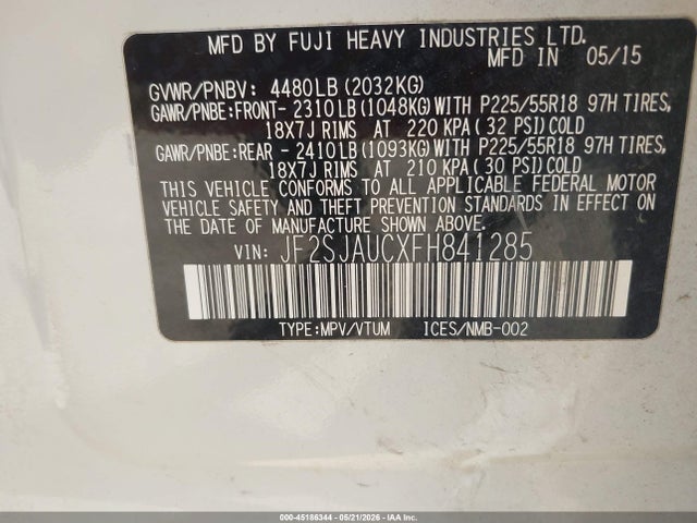 2015 Subaru Forester 2.5i Touring მანქანა იყიდება აუქციონზე, vin: JF2SJAUCXFH841285, აუქციონის ნომერი: 45186344