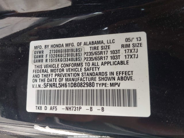 2013 Honda Odyssey Ex-l მანქანა იყიდება აუქციონზე, vin: 5FNRL5H61DB082980, აუქციონის ნომერი: 45186349