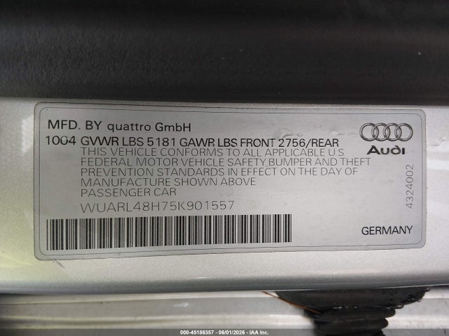 2005 Audi S4 მანქანა იყიდება აუქციონზე, vin: WUARL48H75K901557, აუქციონის ნომერი: 45186357