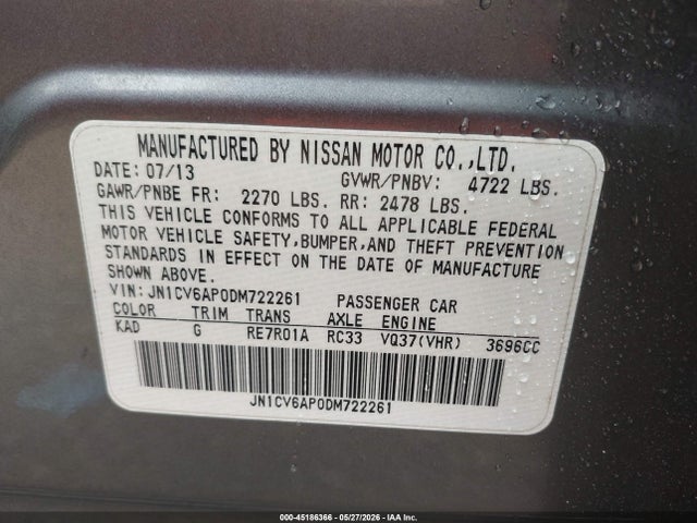 Продаж на аукціоні авто 2013 Infiniti G37 Journey, vin: JN1CV6AP0DM722261, номер лоту: 45186366