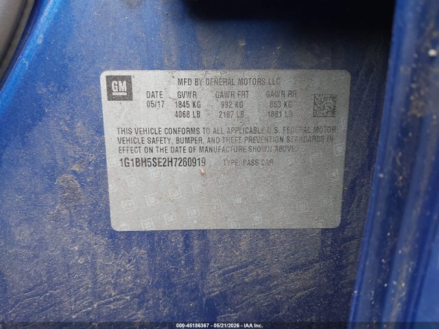 45186367 :رقم المزاد ، 1G1BH5SE2H7260919 vin ، 2017 Chevrolet Cruze Lt Auto مزاد بيع