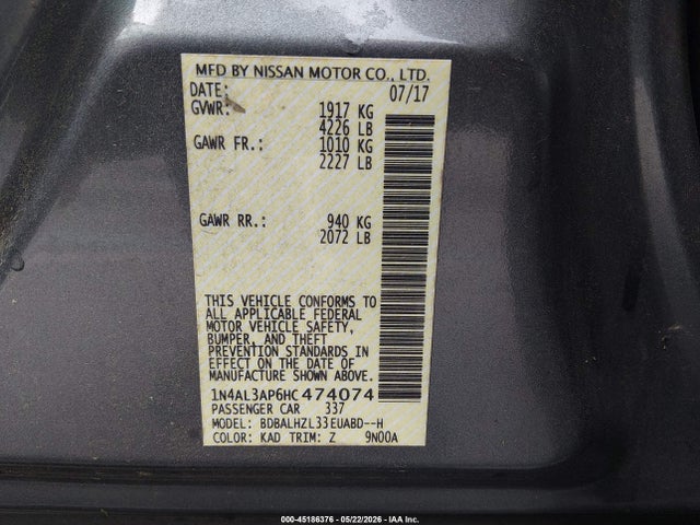 Aukcja sprzedaży 2017 Nissan Altima 2.5 Sr, vin: 1N4AL3AP6HC474074, numer aukcji: 45186376