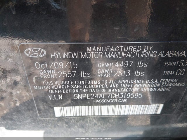 Aukcja sprzedaży 2016 Hyundai Sonata Se, vin: 5NPE24AF7GH319595, numer aukcji: 45186382