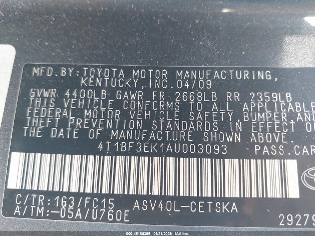 2010 Toyota Camry Se მანქანა იყიდება აუქციონზე, vin: 4T1BF3EK1AU003093, აუქციონის ნომერი: 45186385