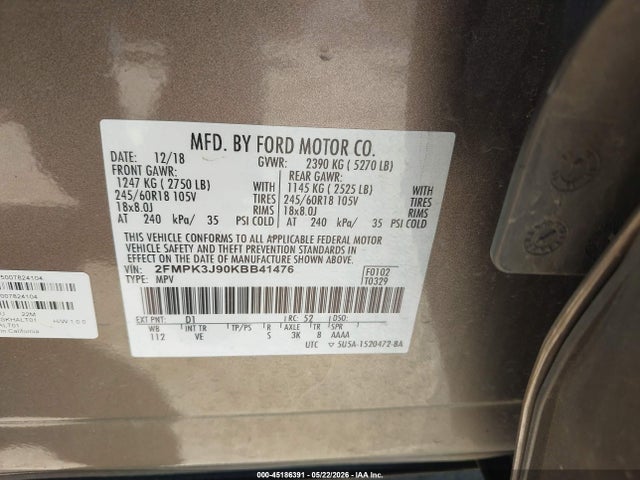 Продажа на аукционе авто 2019 Ford Edge Sel, vin: 2FMPK3J90KBB41476, номер лота: 45186391