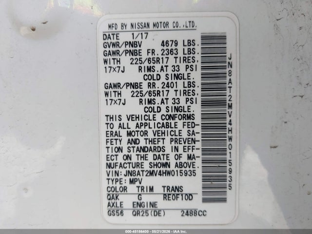 Aukcja sprzedaży 2017 Nissan Rogue Sv, vin: JN8AT2MV4HW015935, numer aukcji: 45186400