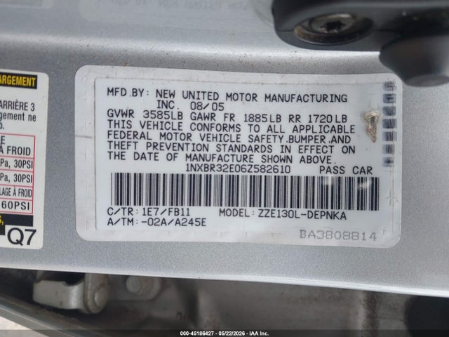 2006 Toyota Corolla Le მანქანა იყიდება აუქციონზე, vin: 1NXBR32E06Z582610, აუქციონის ნომერი: 45186427