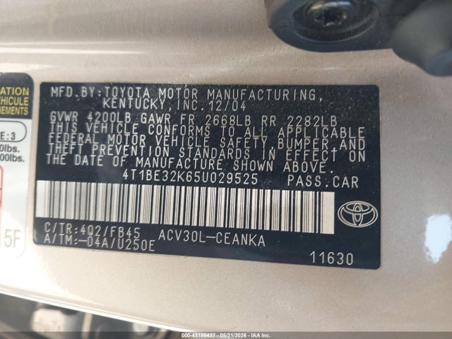 2005 Toyota Camry Le მანქანა იყიდება აუქციონზე, vin: 4T1BE32K65U029525, აუქციონის ნომერი: 45186437