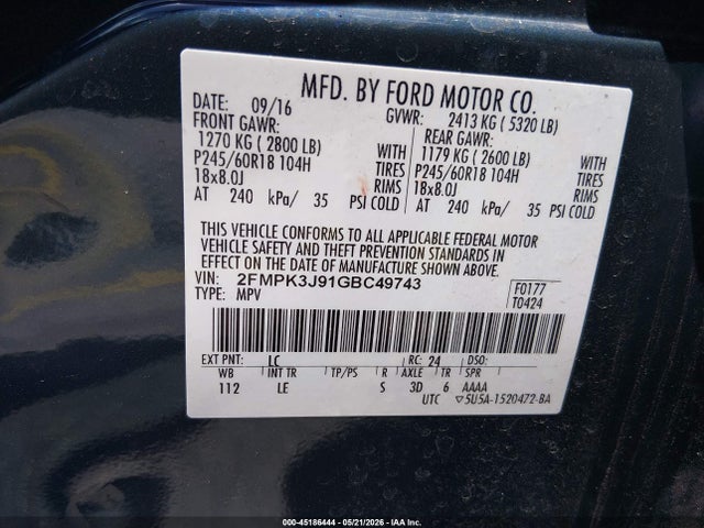 Aukcja sprzedaży 2016 Ford Edge Sel, vin: 2FMPK3J91GBC49743, numer aukcji: 45186444