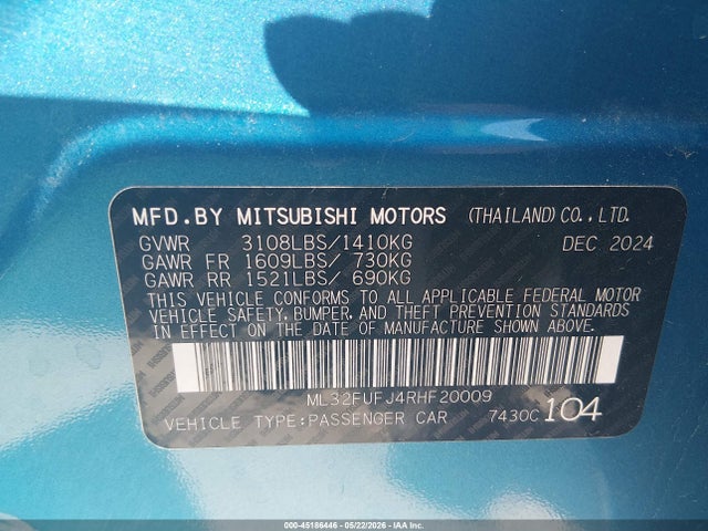 Продаж на аукціоні авто 2024 Mitsubishi Mirage G4 Black Edition/es/le, vin: ML32FUFJ4RHF20009, номер лоту: 45186446