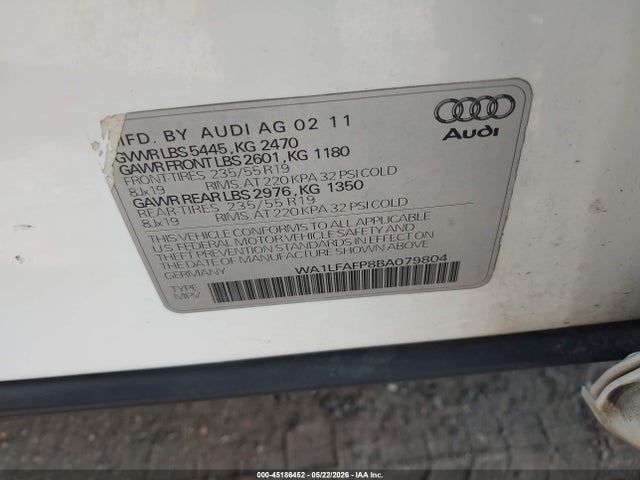 45186452 :رقم المزاد ، WA1LFAFP8BA079804 vin ، 2011 Audi Q5 2.0t Premium مزاد بيع