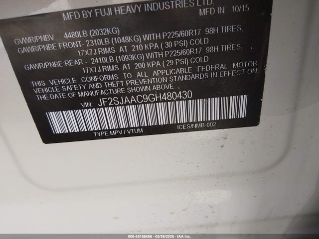 Продаж на аукціоні авто 2016 Subaru Forester 2.5i, vin: JF2SJAAC9GH480430, номер лоту: 45186456