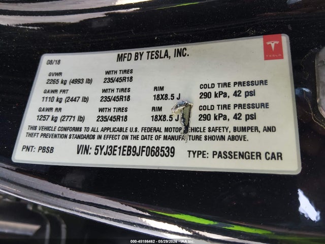 Продажа на аукционе авто 2018 Tesla Model 3 Long Range/performance, vin: 5YJ3E1EB9JF068539, номер лота: 45186462