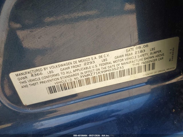 45186464 :رقم المزاد ، 3VWRZ71K99M035231 vin ، 2009 Volkswagen Jetta Se/sel مزاد بيع