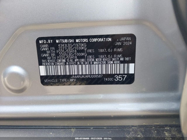 45186469 :رقم المزاد ، JA4ARUAU4RU008587 vin ، 2024 Mitsubishi Outlander Sport 2.0 Es Awc/2.0 Le Awc/2.0 Ralliart Awc/2.0 S Awc/2.0 Se Awc/2.0 Trail Edition Awc مزاد بيع