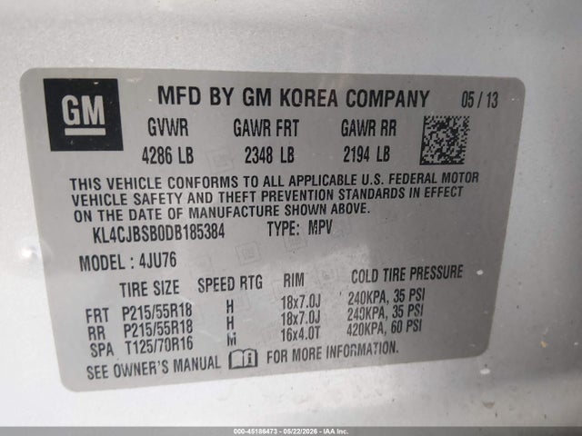 45186473 :رقم المزاد ، KL4CJBSB0DB185384 vin ، 2013 Buick Encore Convenience مزاد بيع
