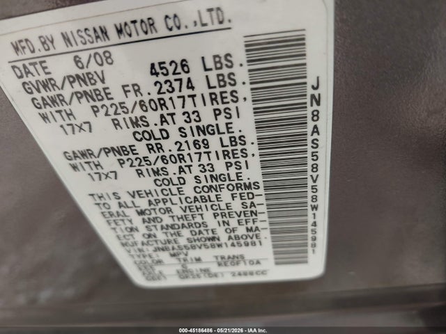 Aukcja sprzedaży 2008 Nissan Rogue Sl, vin: JN8AS58V58W145981, numer aukcji: 45186486