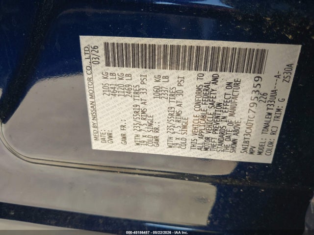 45186487 :رقم المزاد ، 5N1BT3CA0TC795359 vin ، 2026 Nissan Rogue Sl مزاد بيع