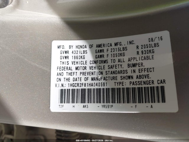 Продаж на аукціоні авто 2017 Honda Accord Ex-l, vin: 1HGCR2F81HA040591, номер лоту: 45186493