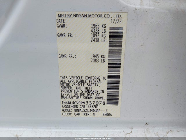 Aukcja sprzedaży 2023 Nissan Altima Sr Fwd, vin: 1N4BL4CV0PN337978, numer aukcji: 45186494